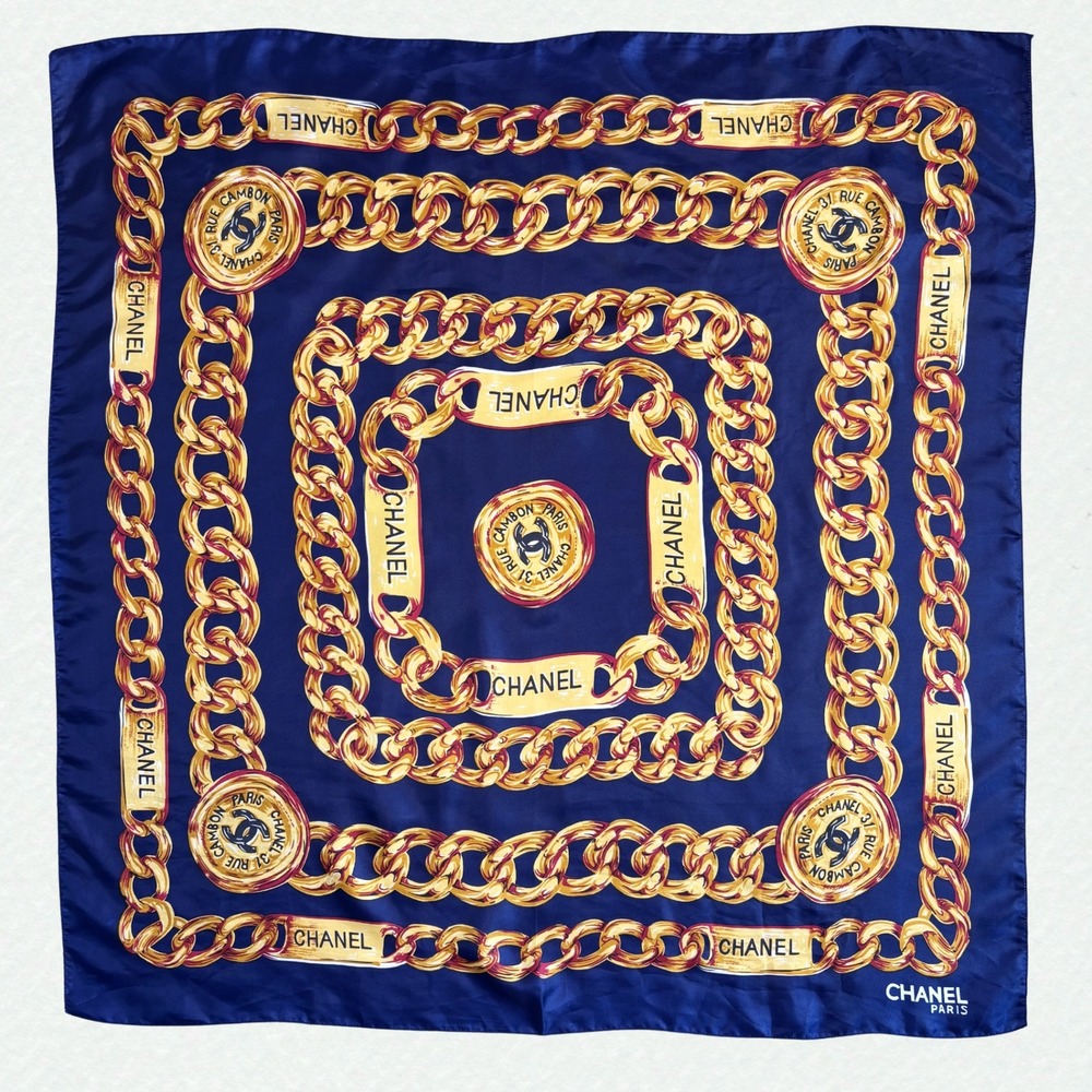Faux Chanel Gold Chain Link Medallion Print Square Scarf | Navy Blue Parisian